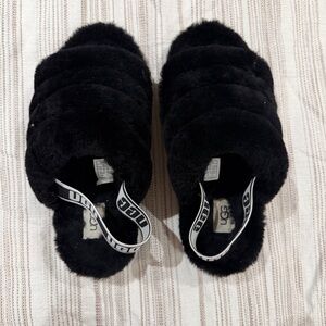 UGG Black Fluffy Slides with Logo Strap